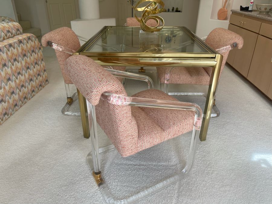 Four Signed 'Lion In Frost' Lucite And Brass Designer Chairs With Brass DIA Expandable Dining Table With Built-In Sliding Leaves 42 X 52 (104' With Leaves Extended) Estimate $10,000 [Photo 7]