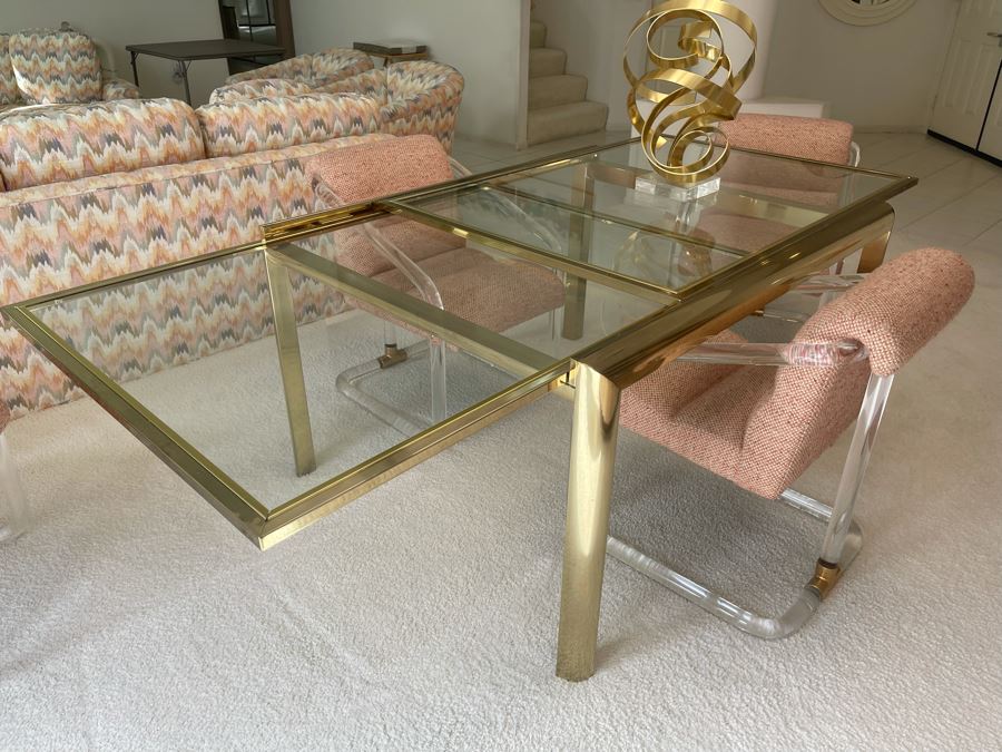 Four Signed 'Lion In Frost' Lucite And Brass Designer Chairs With Brass DIA Expandable Dining Table With Built-In Sliding Leaves 42 X 52 (104' With Leaves Extended) Estimate $10,000 [Photo 11]
