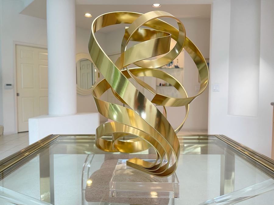 Signed Dan Murphy 1987 Brass Metal Ribbon Sculpture On Lucite Base [Photo 7]