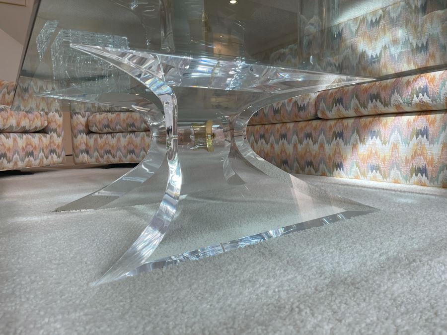 Signed 'Lion In Frost' Lucite And Brass Designer Butterfly Coffee Table With Glass Top Estimate $3,800 [Photo 1]