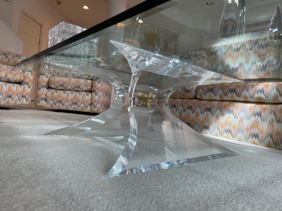 Signed 'Lion In Frost' Lucite And Brass Designer Butterfly Coffee Table With Glass Top Estimate $3,800 [Photo 8]