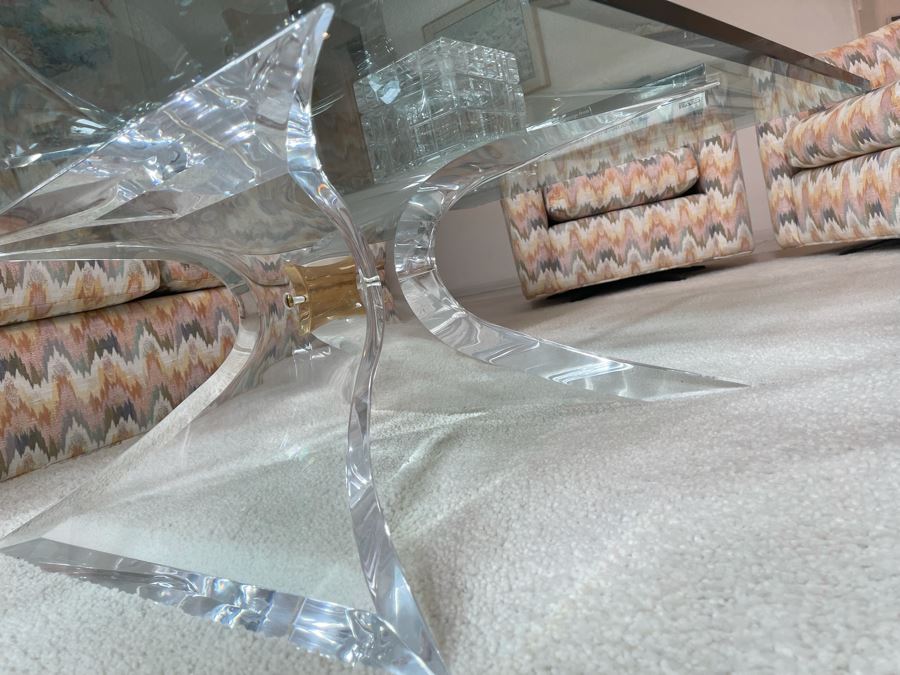 Signed 'Lion In Frost' Lucite And Brass Designer Butterfly Coffee Table With Glass Top Estimate $3,800 [Photo 9]
