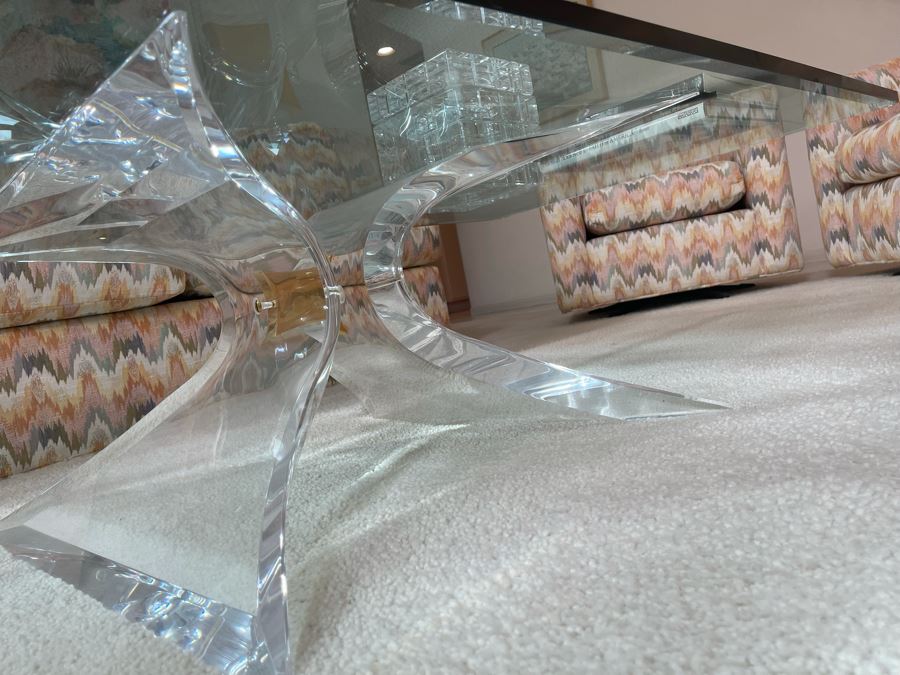 Signed 'Lion In Frost' Lucite And Brass Designer Butterfly Coffee Table With Glass Top Estimate $3,800 [Photo 10]