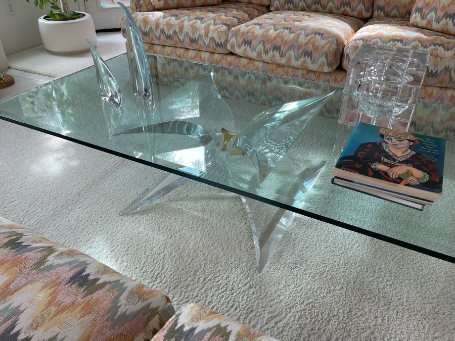 Signed 'Lion In Frost' Lucite And Brass Designer Butterfly Coffee Table With Glass Top Estimate $3,800 [Photo 2]