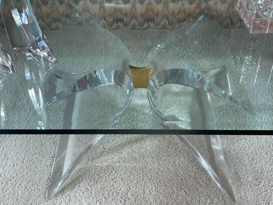 Signed 'Lion In Frost' Lucite And Brass Designer Butterfly Coffee Table With Glass Top Estimate $3,800 [Photo 6]