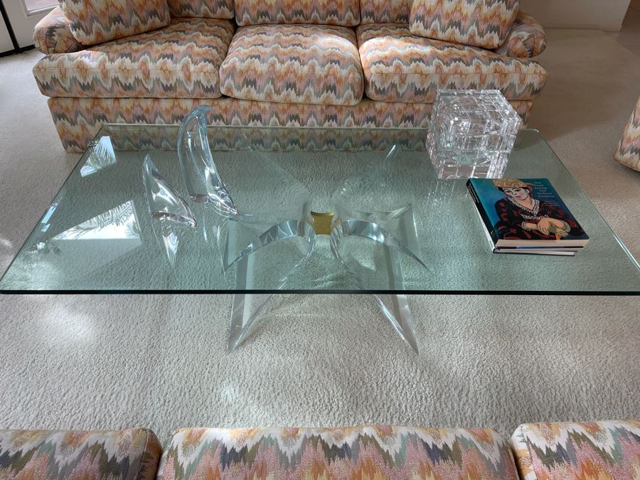 Signed 'Lion In Frost' Lucite And Brass Designer Butterfly Coffee Table With Glass Top Estimate $3,800 [Photo 5]