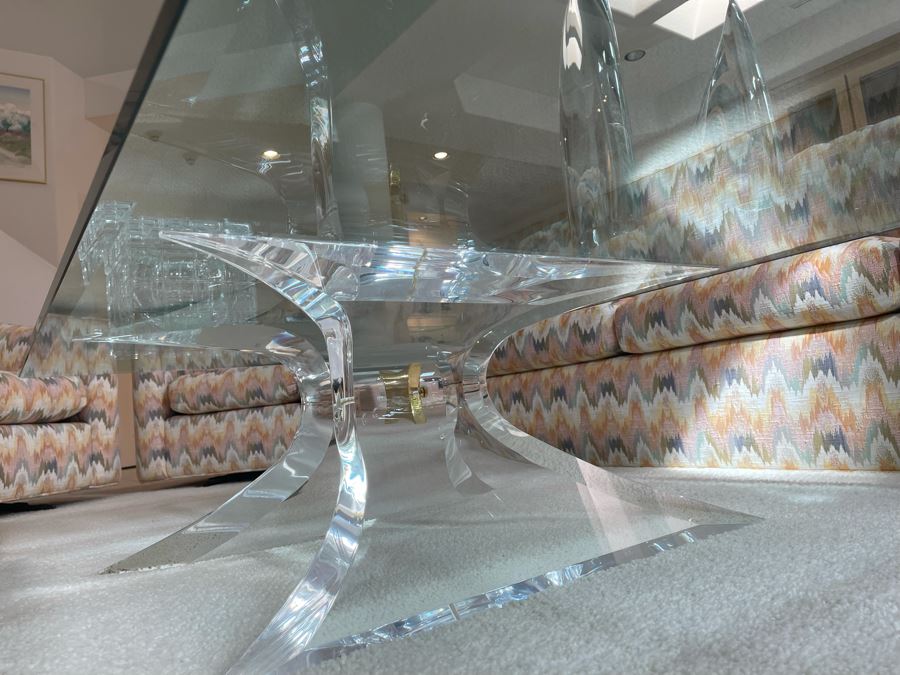 Signed 'Lion In Frost' Lucite And Brass Designer Butterfly Coffee Table With Glass Top Estimate $3,800 [Photo 7]