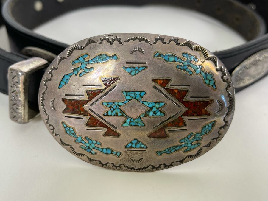 Native American Sterling Silver Inlaid Stone Belt Buckle With Brighton Leather Belt Size 34 34.8g Sterling [Photo 3]