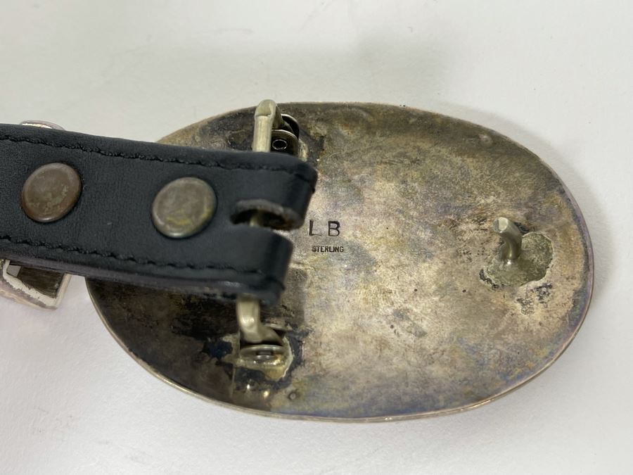 Native American Sterling Silver Inlaid Stone Belt Buckle With Brighton Leather Belt Size 34 34.8g Sterling [Photo 6]