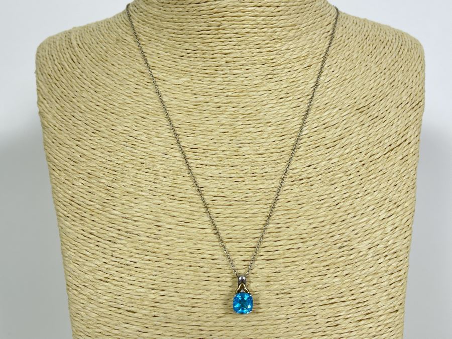 Sterling Silver And 14K Gold Blue Stone Pendant Necklace 2.3g [Photo 2]