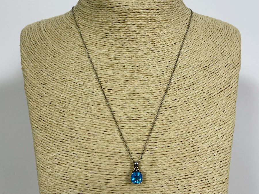 Sterling Silver And 14K Gold Blue Stone Pendant Necklace 2.3g [Photo 3]