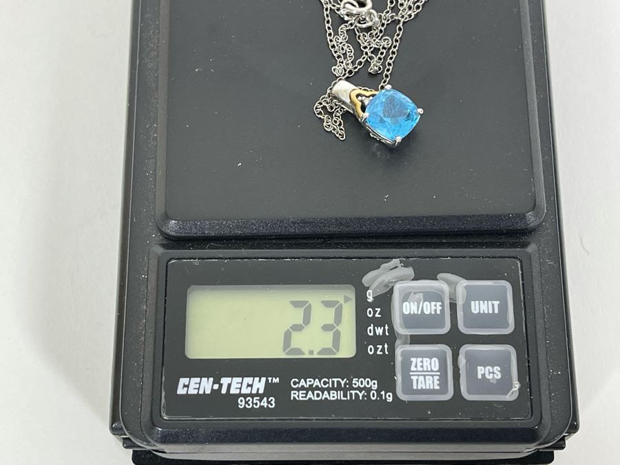 Sterling Silver And 14K Gold Blue Stone Pendant Necklace 2.3g [Photo 11]