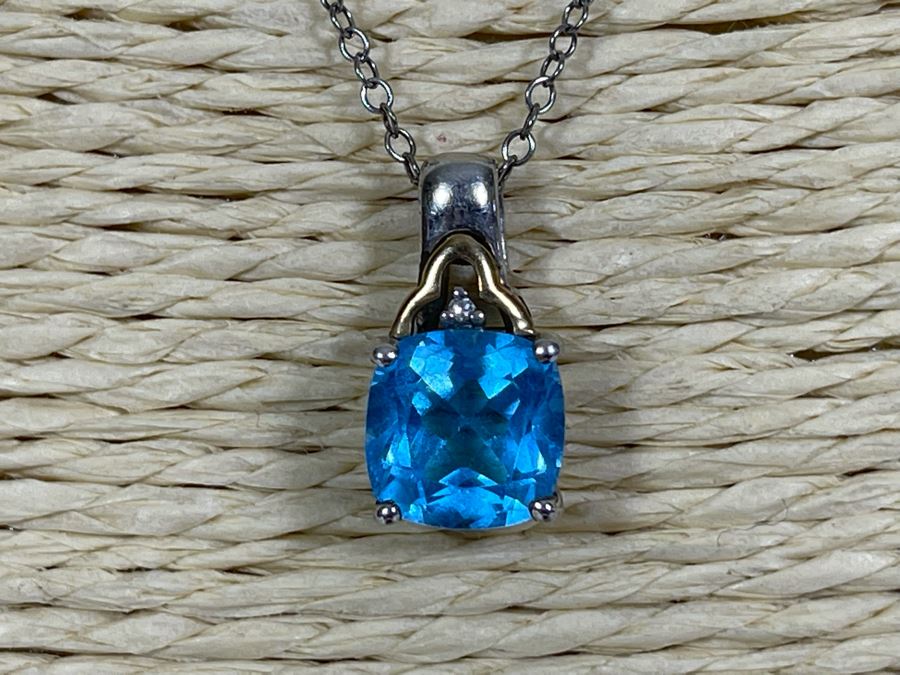 Sterling Silver And 14K Gold Blue Stone Pendant Necklace 2.3g [Photo 6]