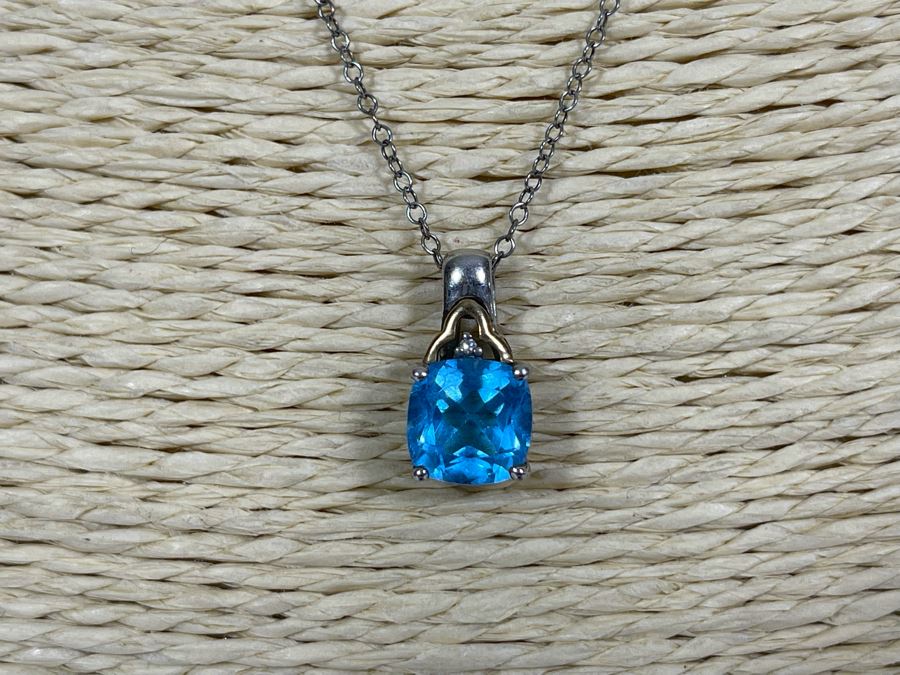 Sterling Silver And 14K Gold Blue Stone Pendant Necklace 2.3g [Photo 4]