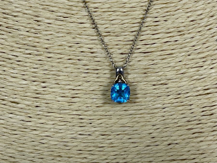 Sterling Silver And 14K Gold Blue Stone Pendant Necklace 2.3g [Photo 7]