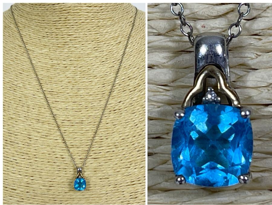 Sterling Silver And 14K Gold Blue Stone Pendant Necklace 2.3g [Photo 1]
