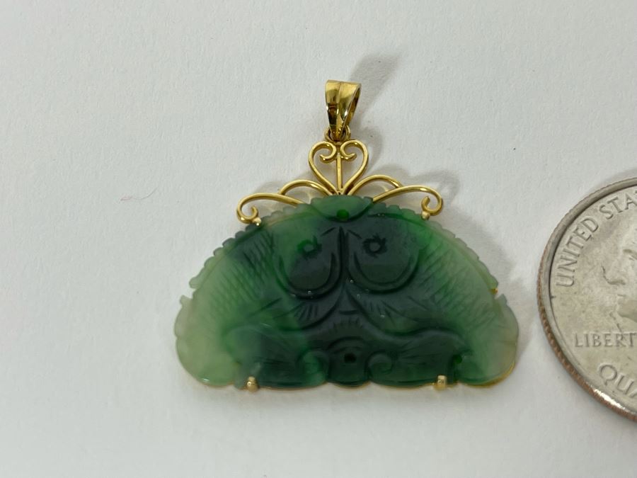 14K Gold Carved Jade Jadeite Pendant 2.9g [Photo 4]