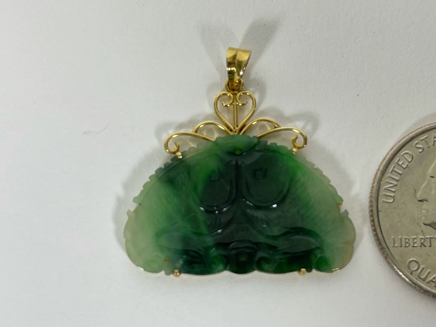 14K Gold Carved Jade Jadeite Pendant 2.9g [Photo 3]