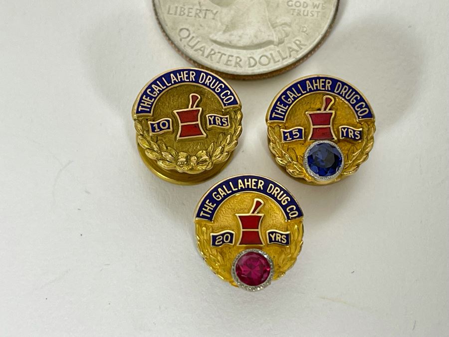 (3) 14K Gold Pins The Gallaher Drug Co. 10, 15, 20 Years 6.8g [Photo 3]