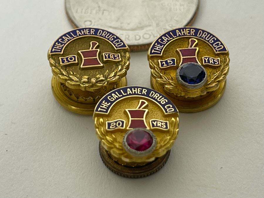 (3) 14K Gold Pins The Gallaher Drug Co. 10, 15, 20 Years 6.8g [Photo 4]