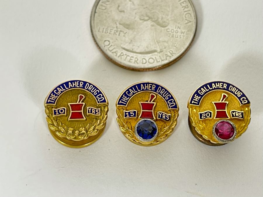(3) 14K Gold Pins The Gallaher Drug Co. 10, 15, 20 Years 6.8g [Photo 1]
