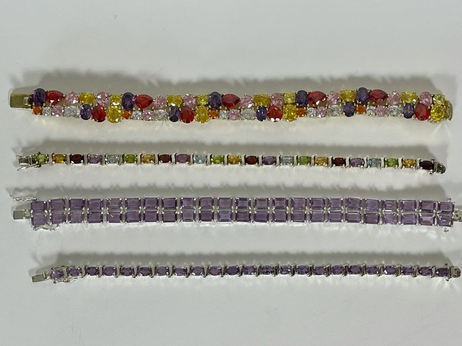 Four Sterling Silver 7.5” Bracelets With Stones 110g [Photo 2]