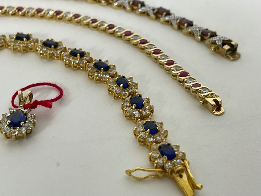 Three Sterling Silver 7.5” Bracelets And Two Pendants With Stones 57.9g [Photo 11]