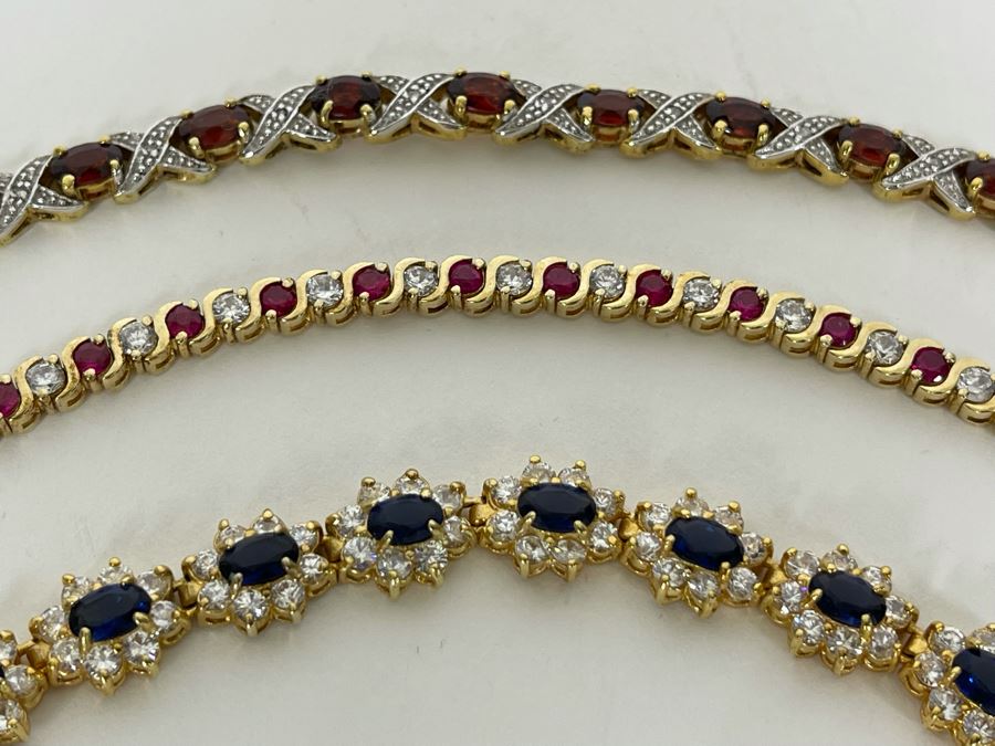 Three Sterling Silver 7.5” Bracelets And Two Pendants With Stones 57.9g [Photo 6]