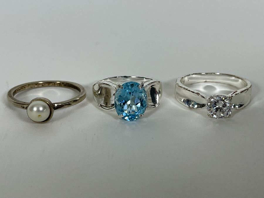 Three Sterling Silver Rings With Pearl & Stones Sizes 9.25, 7.25, 9.25 11g [Photo 2]