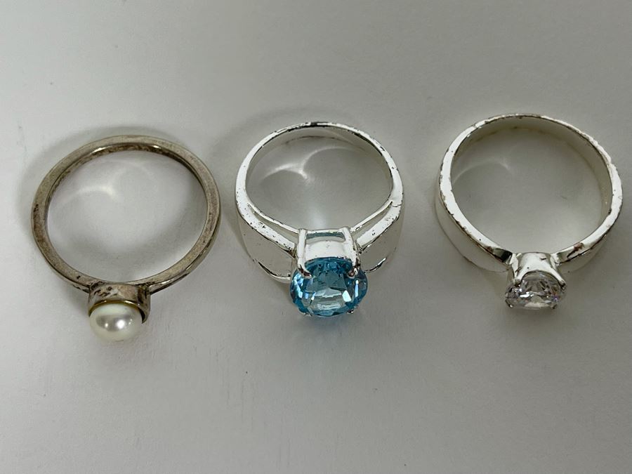 Three Sterling Silver Rings With Pearl & Stones Sizes 9.25, 7.25, 9.25 11g [Photo 5]