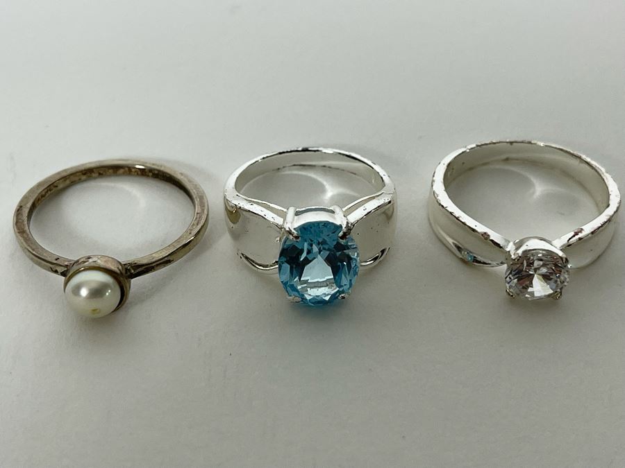 Three Sterling Silver Rings With Pearl & Stones Sizes 9.25, 7.25, 9.25 11g [Photo 4]