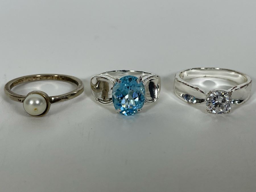 Three Sterling Silver Rings With Pearl & Stones Sizes 9.25, 7.25, 9.25 11g [Photo 1]