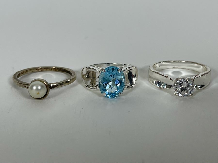 Three Sterling Silver Rings With Pearl & Stones Sizes 9.25, 7.25, 9.25 11g [Photo 3]