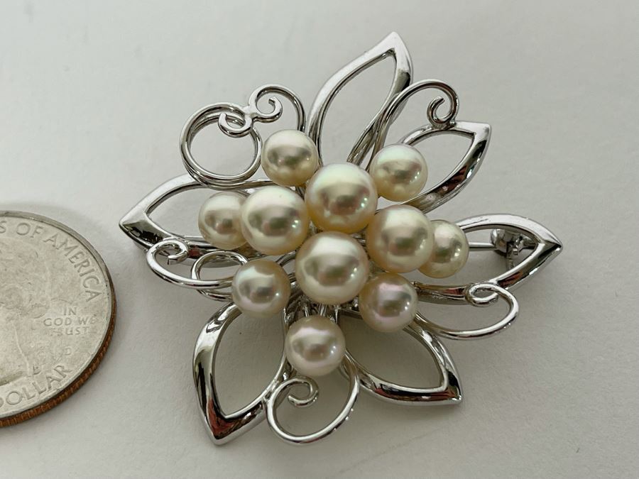Vintage Sterling Silver Pearl Brooch Pin 11.1g [Photo 1]