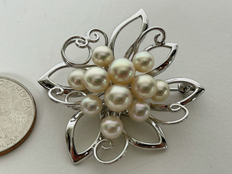 Vintage Sterling Silver Pearl Brooch Pin 11.1g [Photo 2]