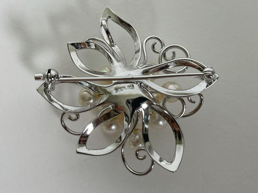 Vintage Sterling Silver Pearl Brooch Pin 11.1g [Photo 7]