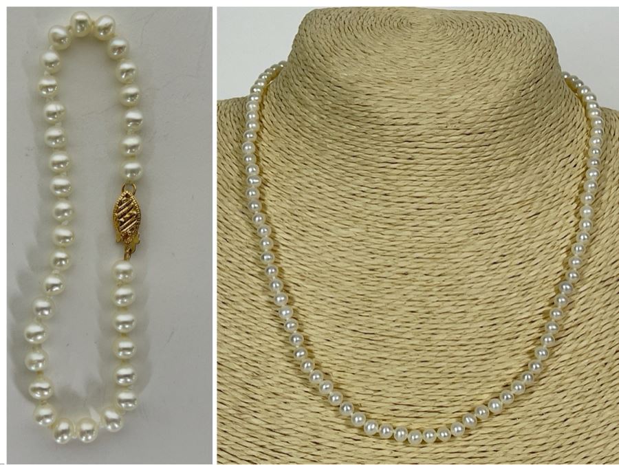 Pearl Necklace And Matching Pearl Bracelet With 14K Gold Clasps