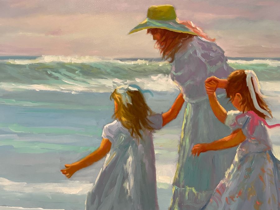 Large Framed Original Oil Painting Of Mother And Children On Beach By Robert Williams 48W X 36H [Photo 7]