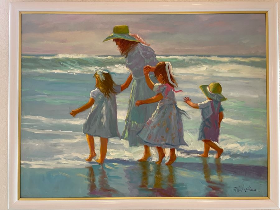 Large Framed Original Oil Painting Of Mother And Children On Beach By Robert Williams 48W X 36H [Photo 1]