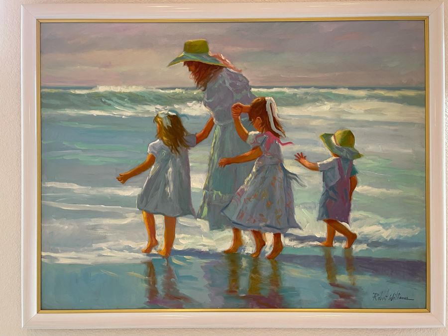 Large Framed Original Oil Painting Of Mother And Children On Beach By Robert Williams 48W X 36H [Photo 5]