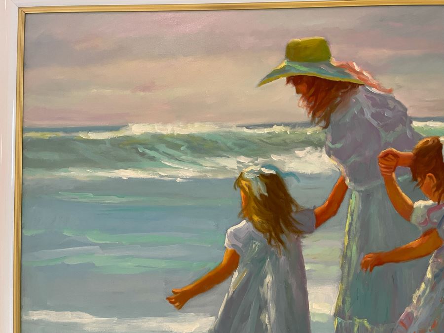 Large Framed Original Oil Painting Of Mother And Children On Beach By Robert Williams 48W X 36H [Photo 8]