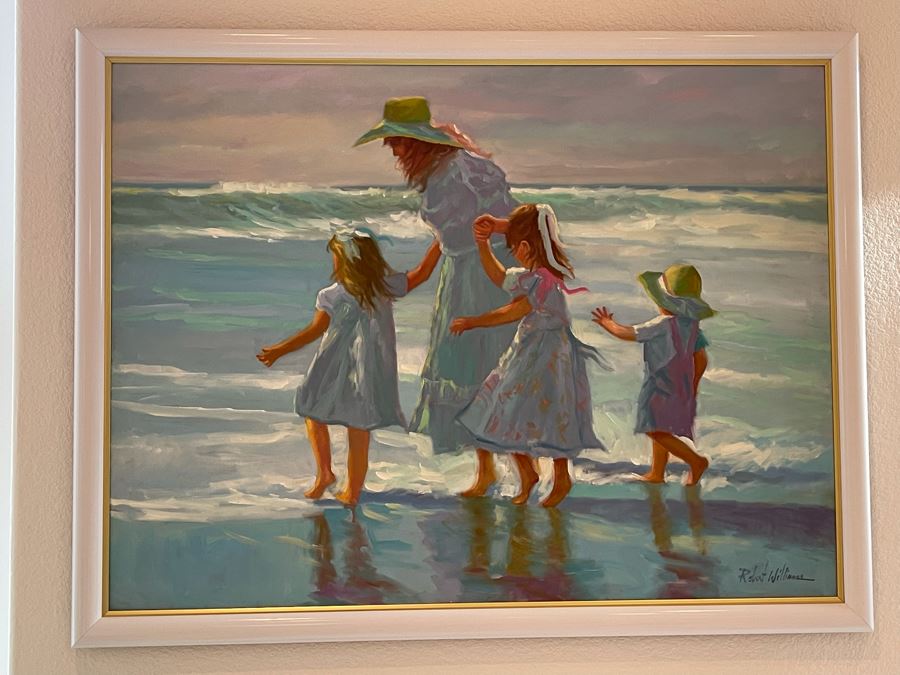 Large Framed Original Oil Painting Of Mother And Children On Beach By Robert Williams 48W X 36H [Photo 4]