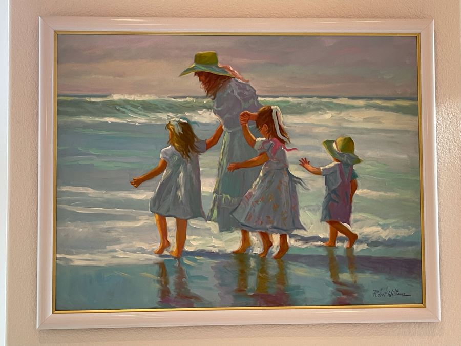 Large Framed Original Oil Painting Of Mother And Children On Beach By Robert Williams 48W X 36H [Photo 3]