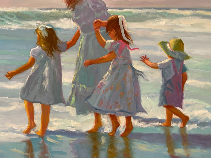 Large Framed Original Oil Painting Of Mother And Children On Beach By Robert Williams 48W X 36H [Photo 9]