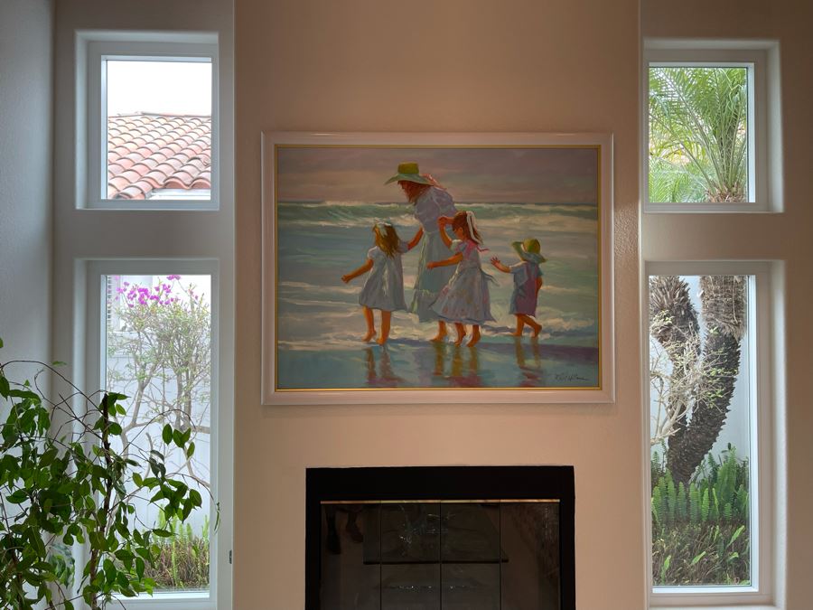 Large Framed Original Oil Painting Of Mother And Children On Beach By Robert Williams 48W X 36H [Photo 2]