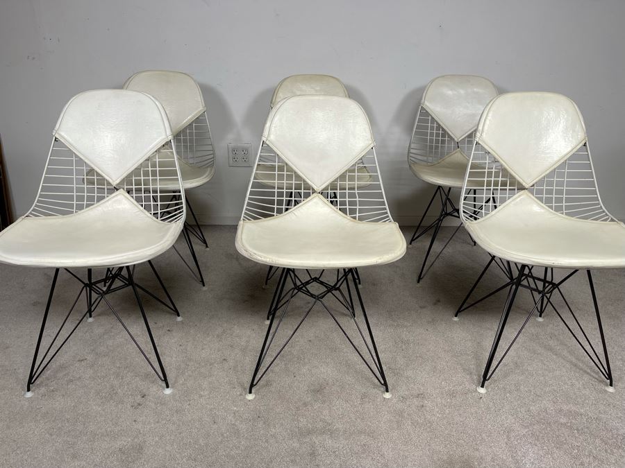 Set Of Six Early Charles & Ray Eames DKR Wire Bikini Chairs By Knoll In White [Photo 4]