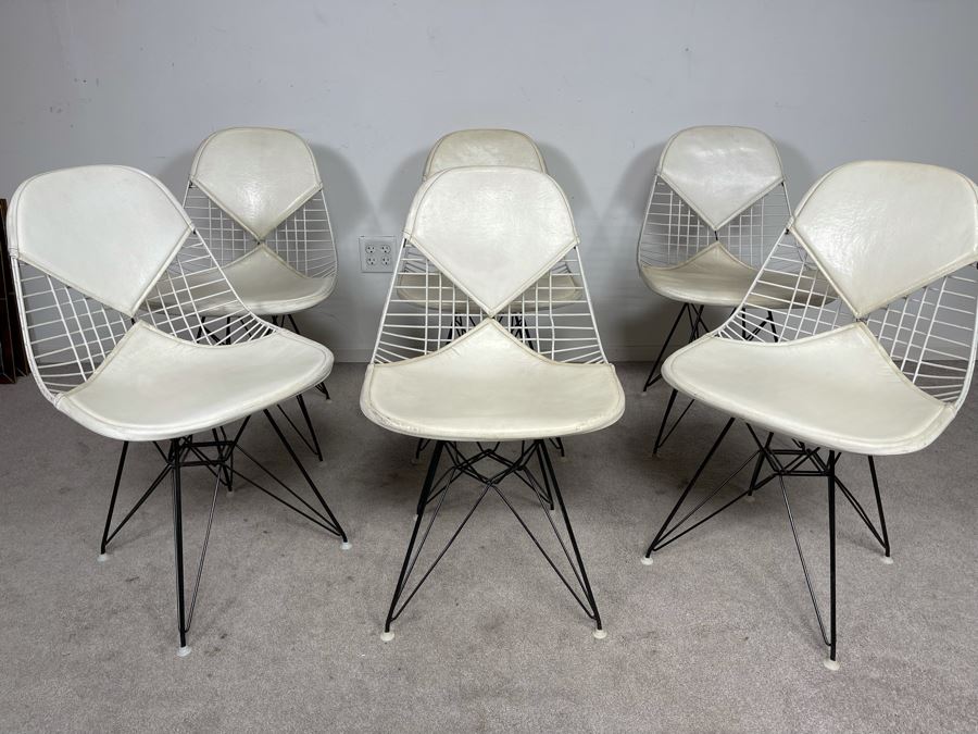 Set Of Six Early Charles & Ray Eames DKR Wire Bikini Chairs By Knoll In White