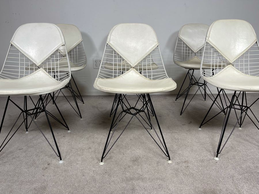 Set Of Six Early Charles & Ray Eames DKR Wire Bikini Chairs By Knoll In White [Photo 7]