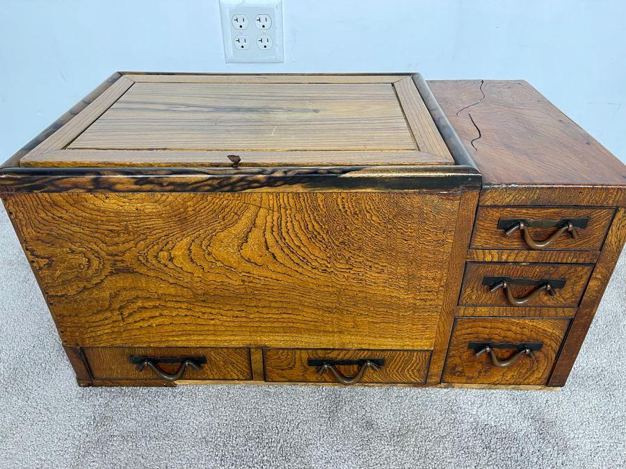 Old Japanese Carved Wood Hibachi (Trim On Bottom Needs Repair - See Photos) 28W X 15D X 15H [Photo 3]