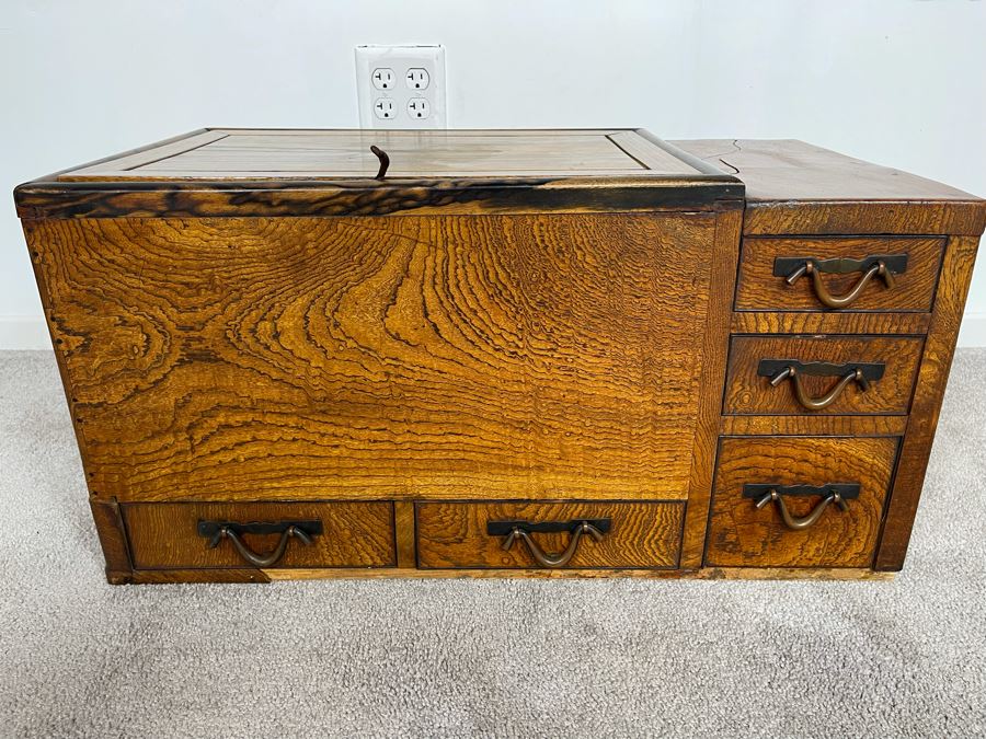 Old Japanese Carved Wood Hibachi (Trim On Bottom Needs Repair - See Photos) 28W X 15D X 15H [Photo 2]